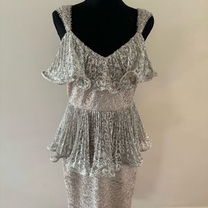 Badgley Mischka Collection Silver Lace Cocktail Evening Peplum Dress